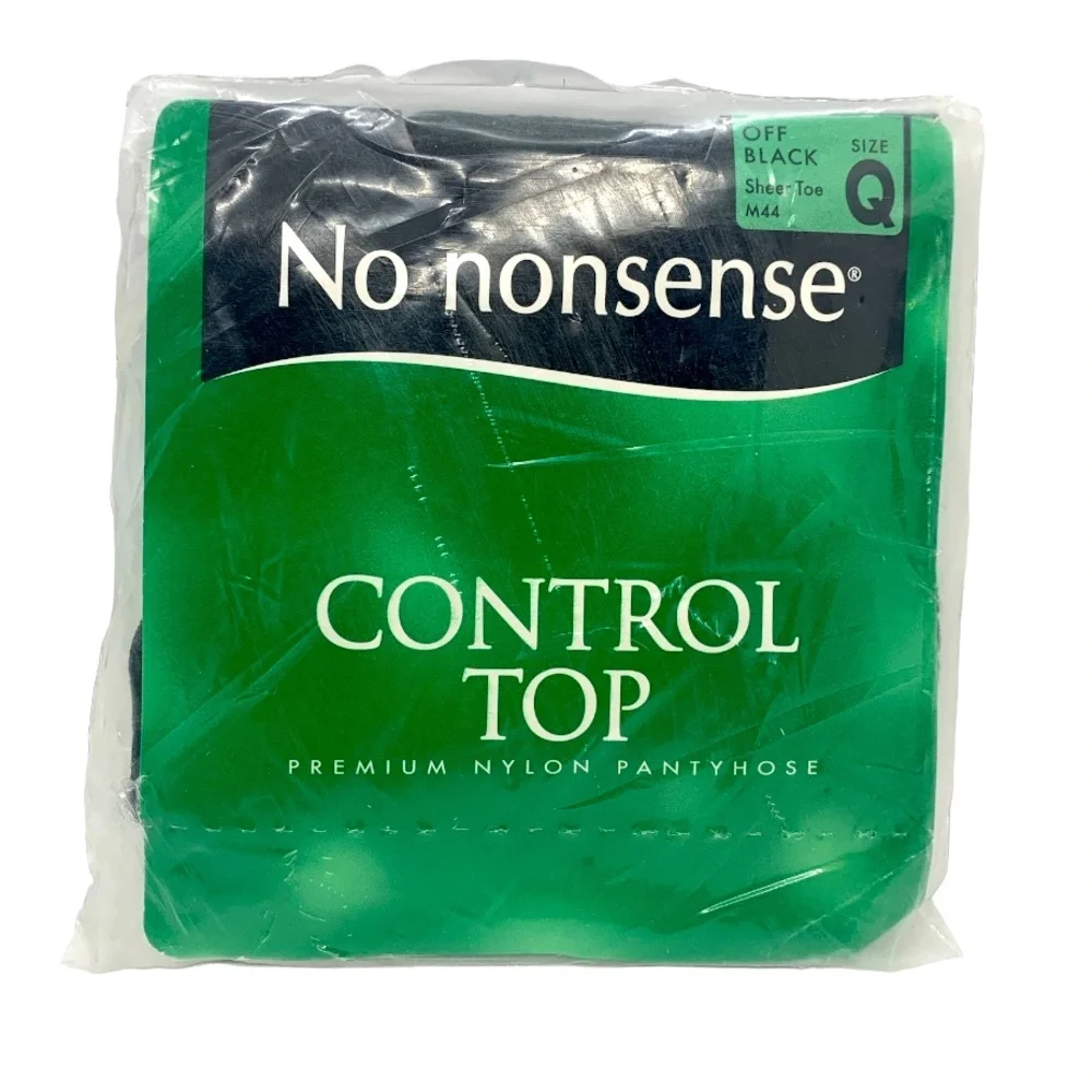 No Nonsense NIP Off Black Size Q Control Top Premium Nylon Pantyhose Sheer Toe